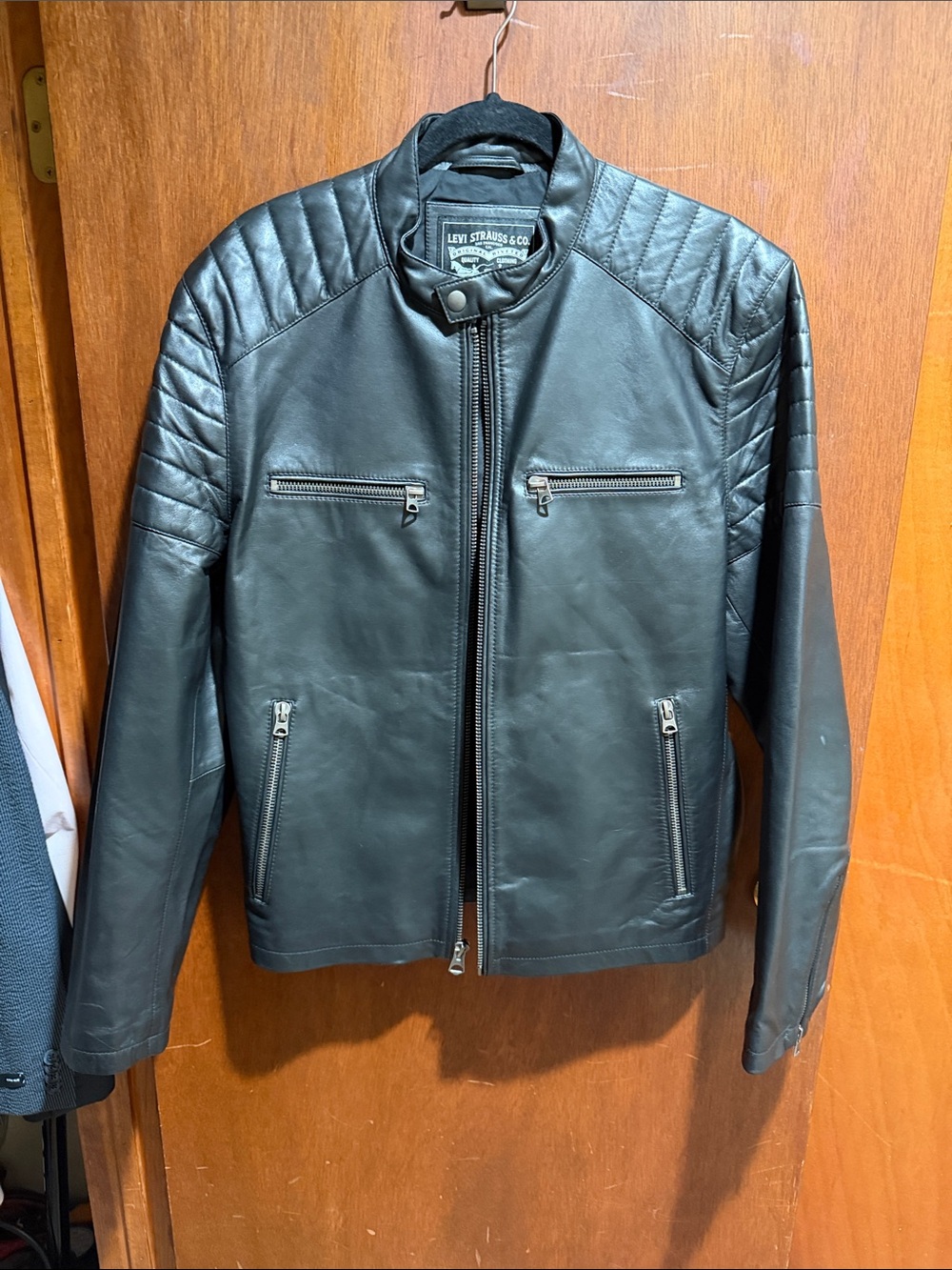 Never worn Levi's Black Quilted-Shoulder Leather Bomber Jacket. Real leather!